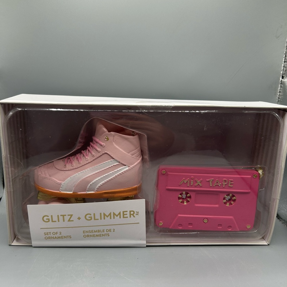 Glitz+ Glimmer Retro Roller Skate And Mix Tape Cassette Ornament Set NEW